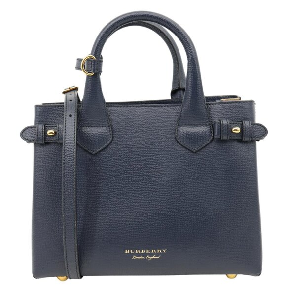 Burberry  Banner Small House Check Leather Tote Bag Navy Blue - Picture 1 of 12